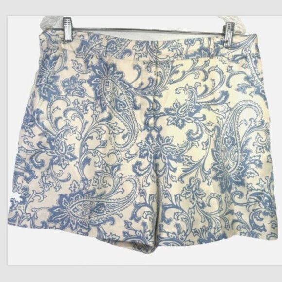 J McLaughlin Shorts Womens 14 off White aqua Blue Floral paisley silk graphic